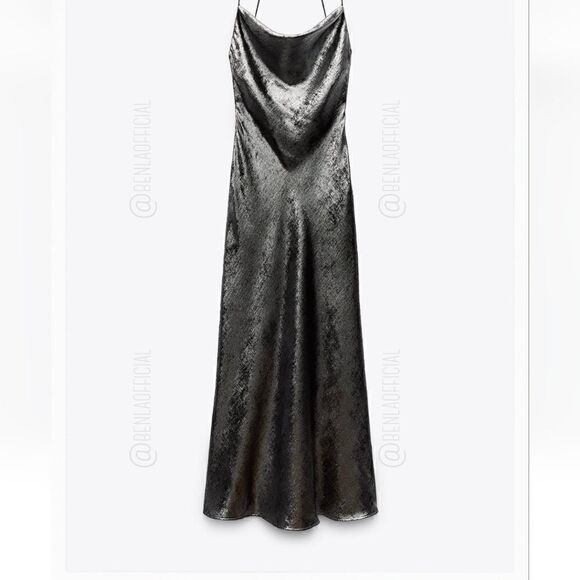 ZARA  BLOGGERS FOIL SLIP GRAY SILVER SATIN DRESS - Picture 10 of 14